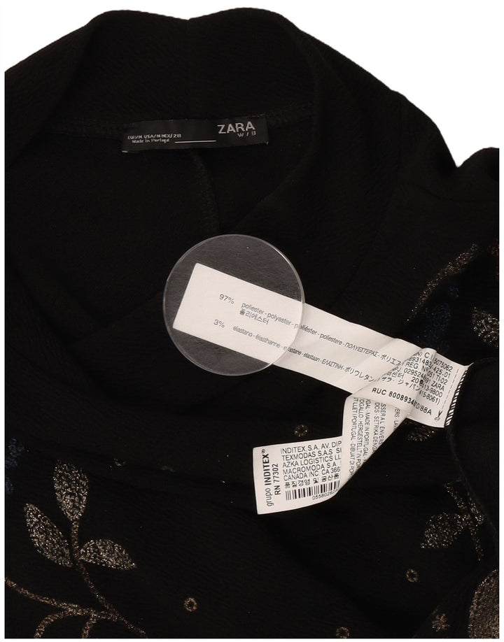 Женское платье прямого кроя с длинными рукавами Zara UK 14, средний черный полиэстер с цветочным принтом