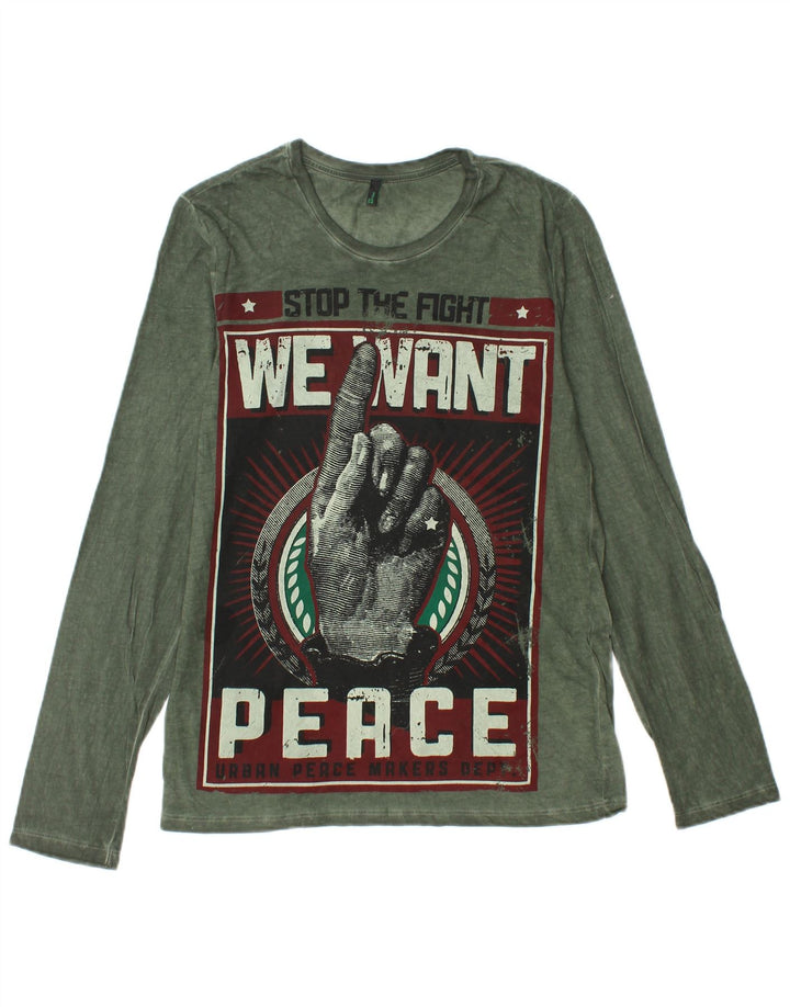 Мужской топ с рисунком BENETTON, зеленый хлопок с длинным рукавом, маленький размер