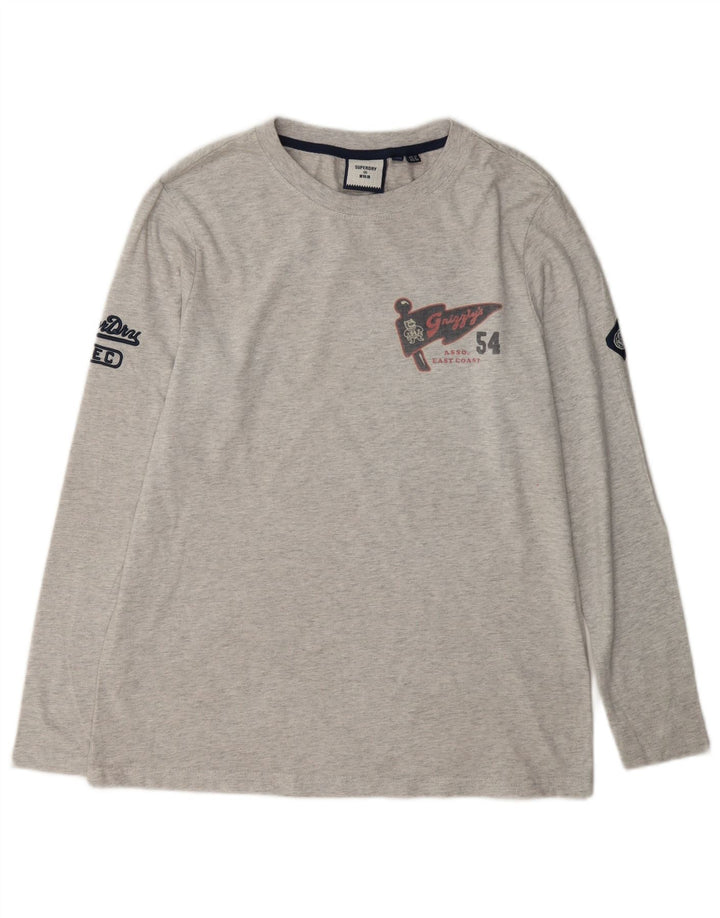 Женский топ с рисунком Superdry с длинным рукавом UK 12, хлопок среднего серого цвета