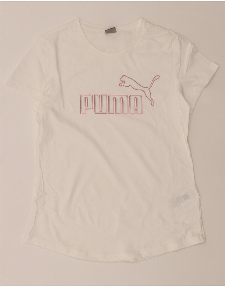 PUMA Womens See Through Graphic T-Shirt Top UK 12 Medium White Cotton Vintage Puma and Second-Hand Puma from Messina Hembry 