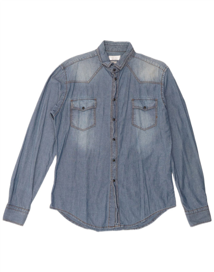 Мужская джинсовая рубашка узкого кроя Zara, большой синий хлопок