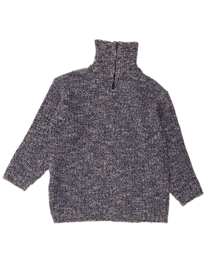 Винтажный мужской джемпер с воротником на молнии, большой синий шерстяной свитер в крапинку