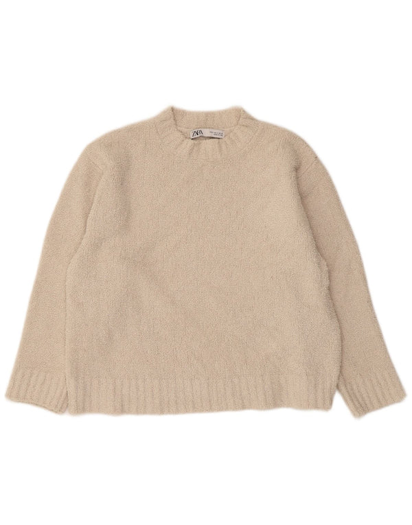 Zara Womens Oversized Crop Crew Neck Jumper Sweater UK 10 Small Beige