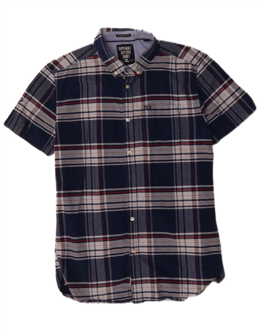 SUPERDRY Мужская рубашка с коротким рукавом среднего размера, темно-синяя клетка, хлопок