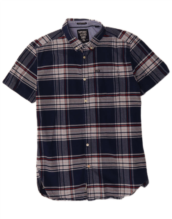 SUPERDRY Мужская рубашка с коротким рукавом среднего размера, темно-синяя клетка, хлопок