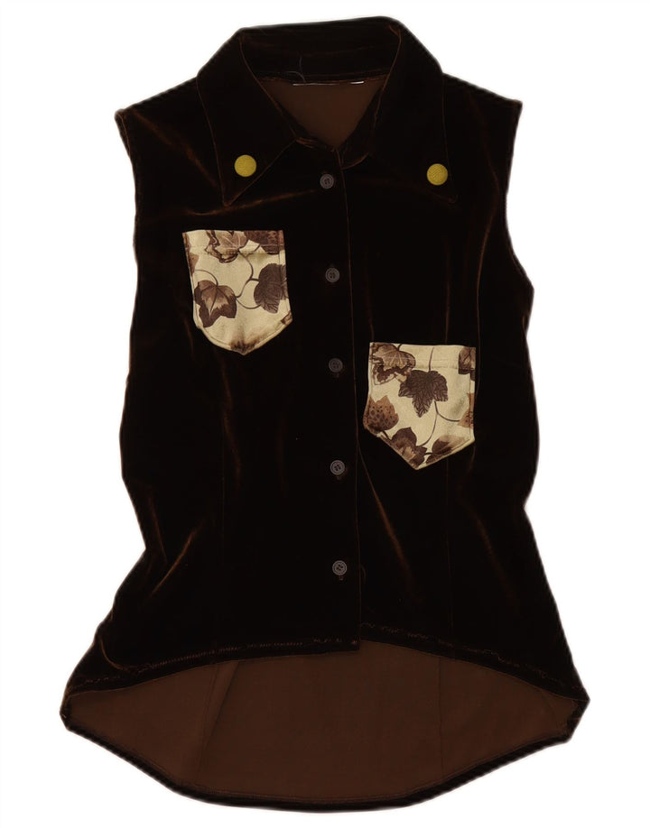 ВИНТАЖНАЯ Женская велюровая блузка-рубашка без рукавов, Великобритания 12, средний коричневый цвет с цветочным принтом
