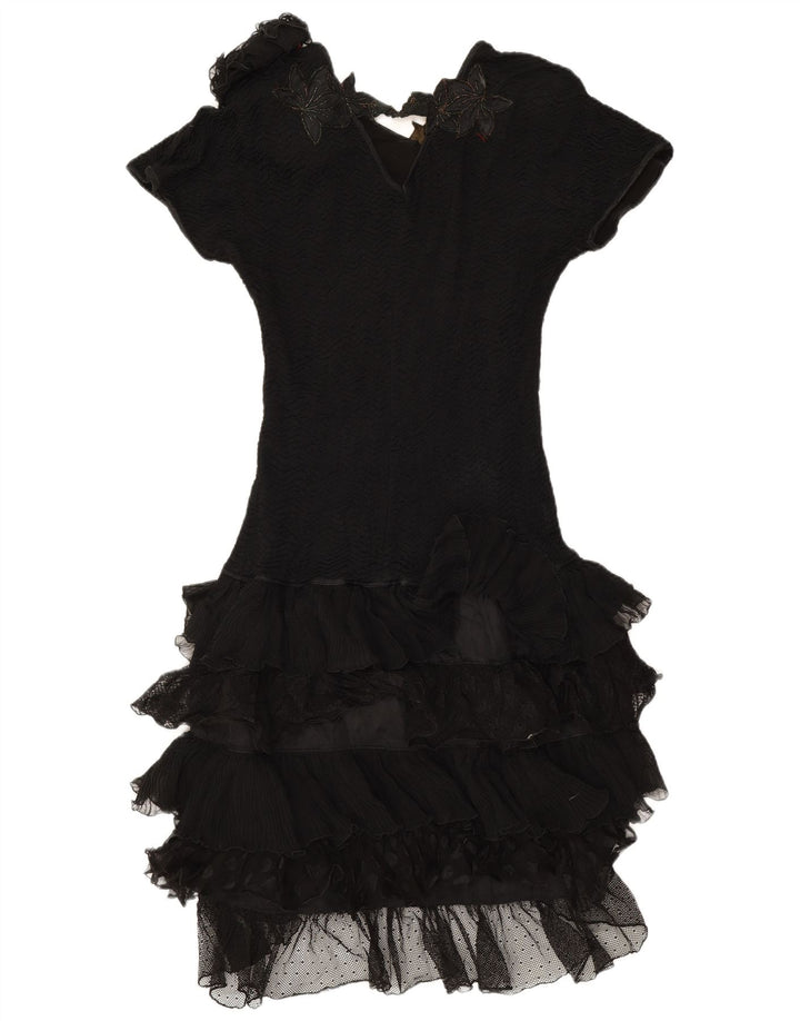 Винтажное женское многоярусное платье UK 12, средний черный с цветочным принтом