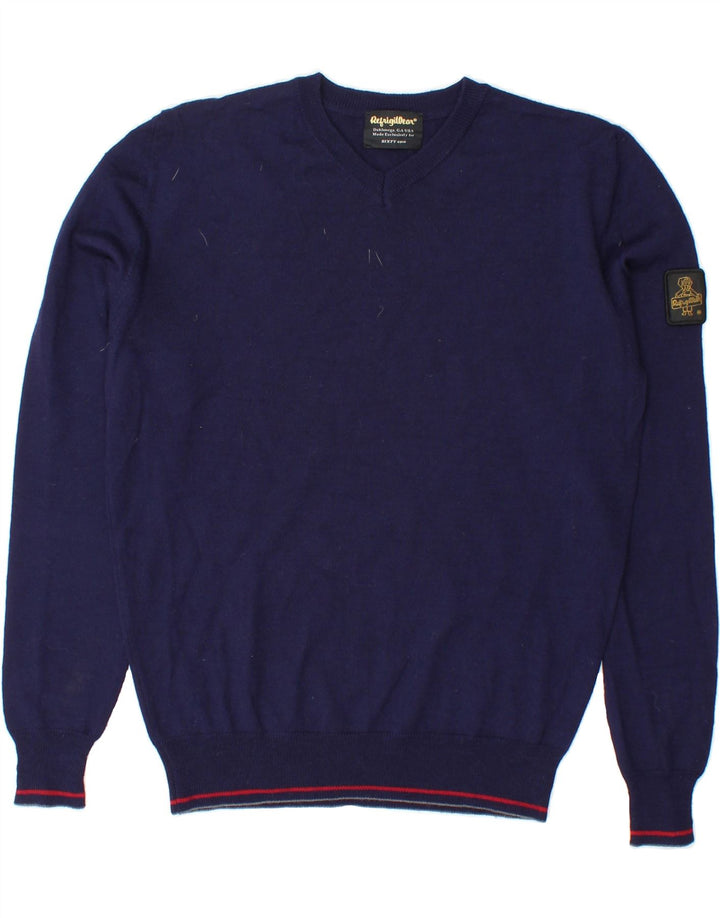 REFRIGIWEAR Mens V-Neck Jumper Sweater Small Navy Blue Wool Vintage Refrigiwear and Second-Hand Refrigiwear from Messina Hembry 