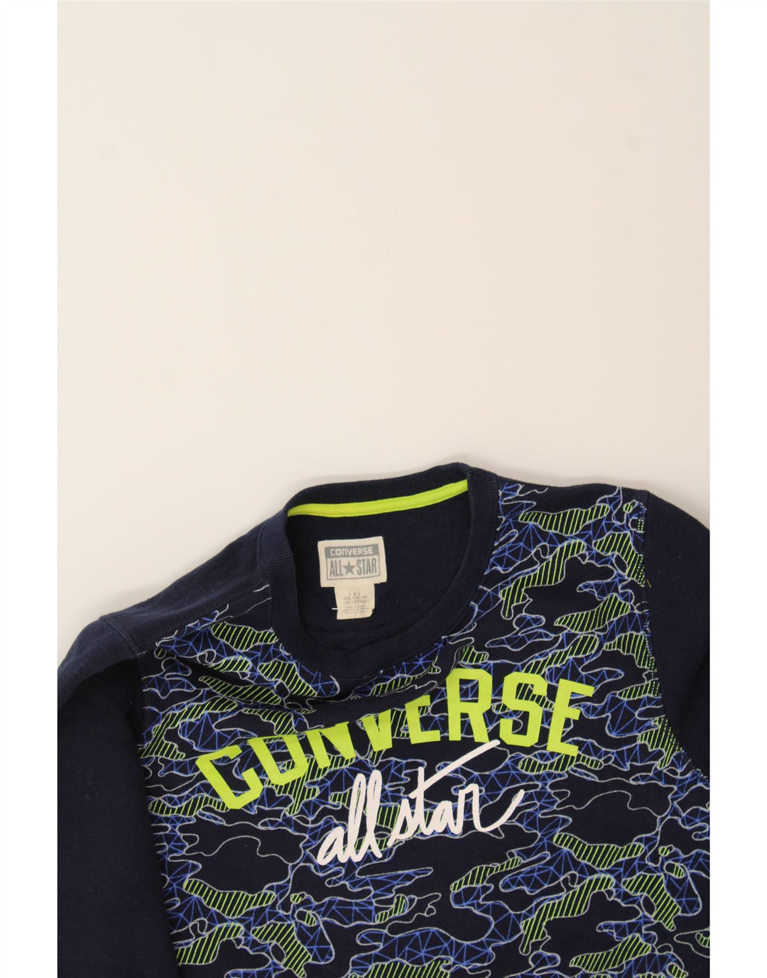CONVERSE Boys Sweatshirt Jumper 12-13 Years Large Navy Blue Camouflage Vintage Converse and Second-Hand Converse from Messina Hembry 