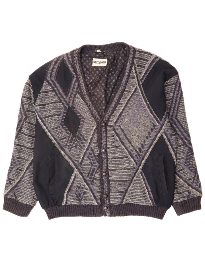 Мужской свитер-кардиган VINTAGE XL, серый акрил с геометрическим узором