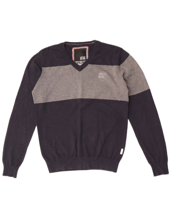 Мужской джемпер с v-образным вырезом Jack & Jones, средний темно-синий, хлопок с цветными блоками