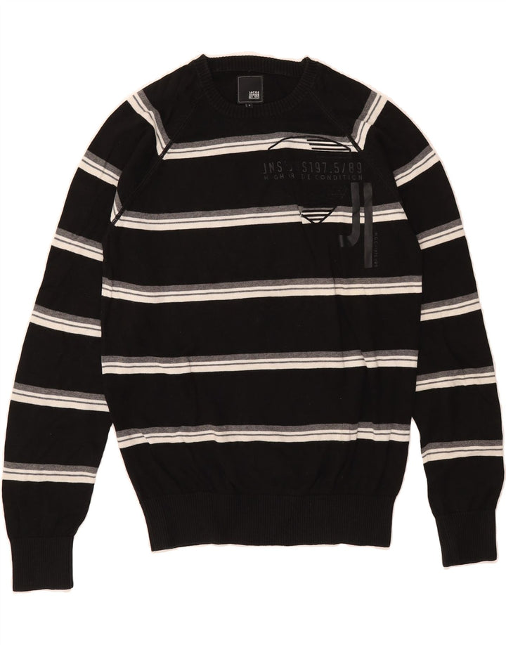 JACK & JONES Mens Graphic Crew Neck Jumper Sweater Small Black Striped Vintage Jack & Jones and Second-Hand Jack & Jones from Messina Hembry 
