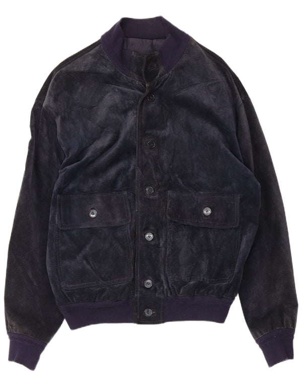 Bayside Mens Suede Bomber Jacket UK 40 Large Navy Blue Leather