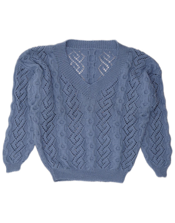 Винтажный женский джемпер с v-образным вырезом, Великобритания, 16, большой синий цвет