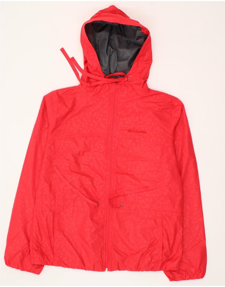 COLUMBIA Womens Abstract Pattern Hooded Rain Jacket UK 16 Large Red Vintage Columbia and Second-Hand Columbia from Messina Hembry 