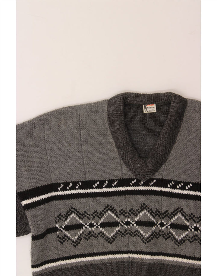 VINTAGE Mens V-Neck Jumper Sweater XL Grey Argyle/Diamond Wool Vintage Vintage and Second-Hand Vintage from Messina Hembry 