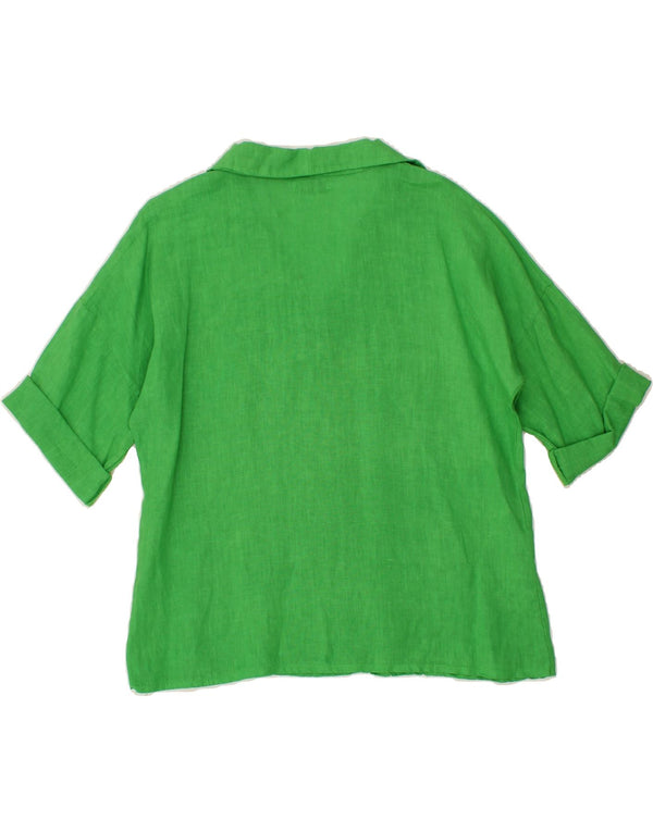 VINTAGE Womens Short Sleeve Shirt Blouse UK 12 Medium Green Linen