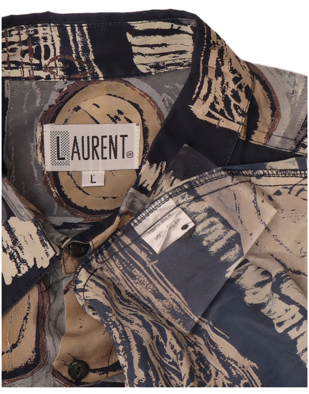 LAURENT Мужская рубашка с коротким рукавом, большая, темно-синяя, шелковая с геометрическим рисунком