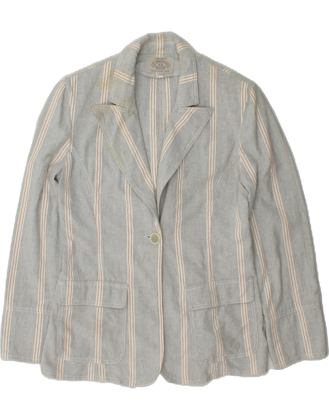 ARMANI JEANS Womens 1 Button Blazer Jacket UK 14 Large Grey Striped Cotton Vintage Armani Jeans and Second-Hand Armani Jeans from Messina Hembry 