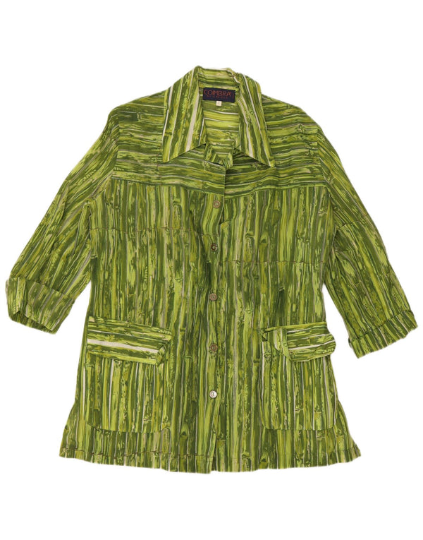 VINTAGE Женская блузка-рубашка с рукавом 3/4, Великобритания 14, вискоза, средний зеленый цвет в полоску