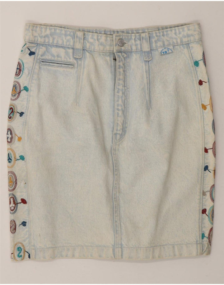 HOLIDAY PUNCH Womens Abstract Pattern Denim Skirt Large W32  Blue Cotton Vintage Holiday Punch and Second-Hand Holiday Punch from Messina Hembry 