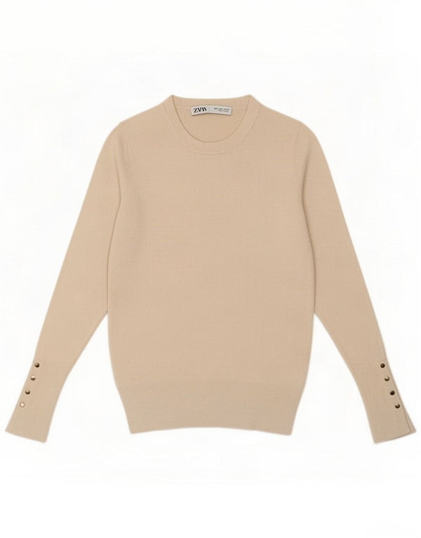 Zara Женский свитер с круглым вырезом UK 10, маленький, бежевый, вискоза