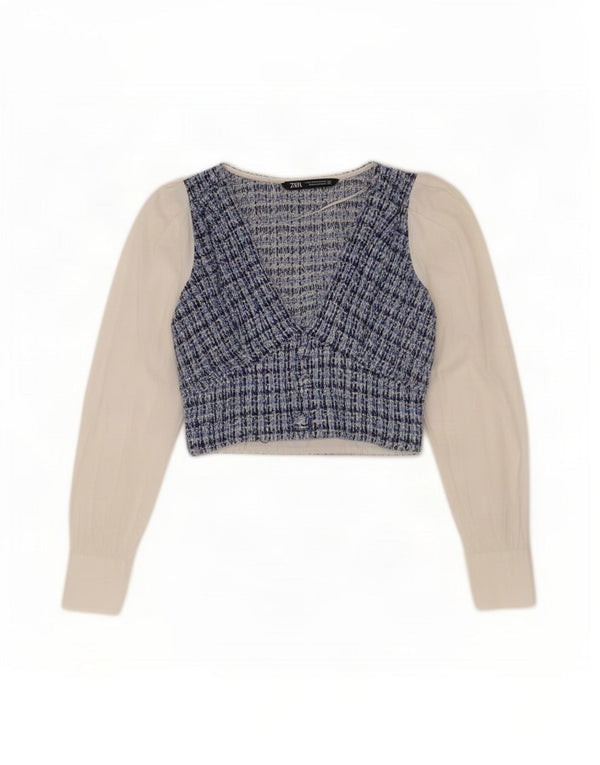 Женская укороченная блузка с длинными рукавами Zara UK 4 XS, синяя клетка, хлопок