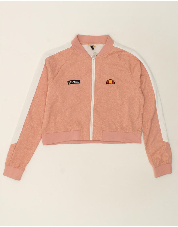 ELLESSE Womens Graphic Crop Tracksuit Top Jacket UK 14 Large Pink Vintage Ellesse and Second-Hand Ellesse from Messina Hembry 