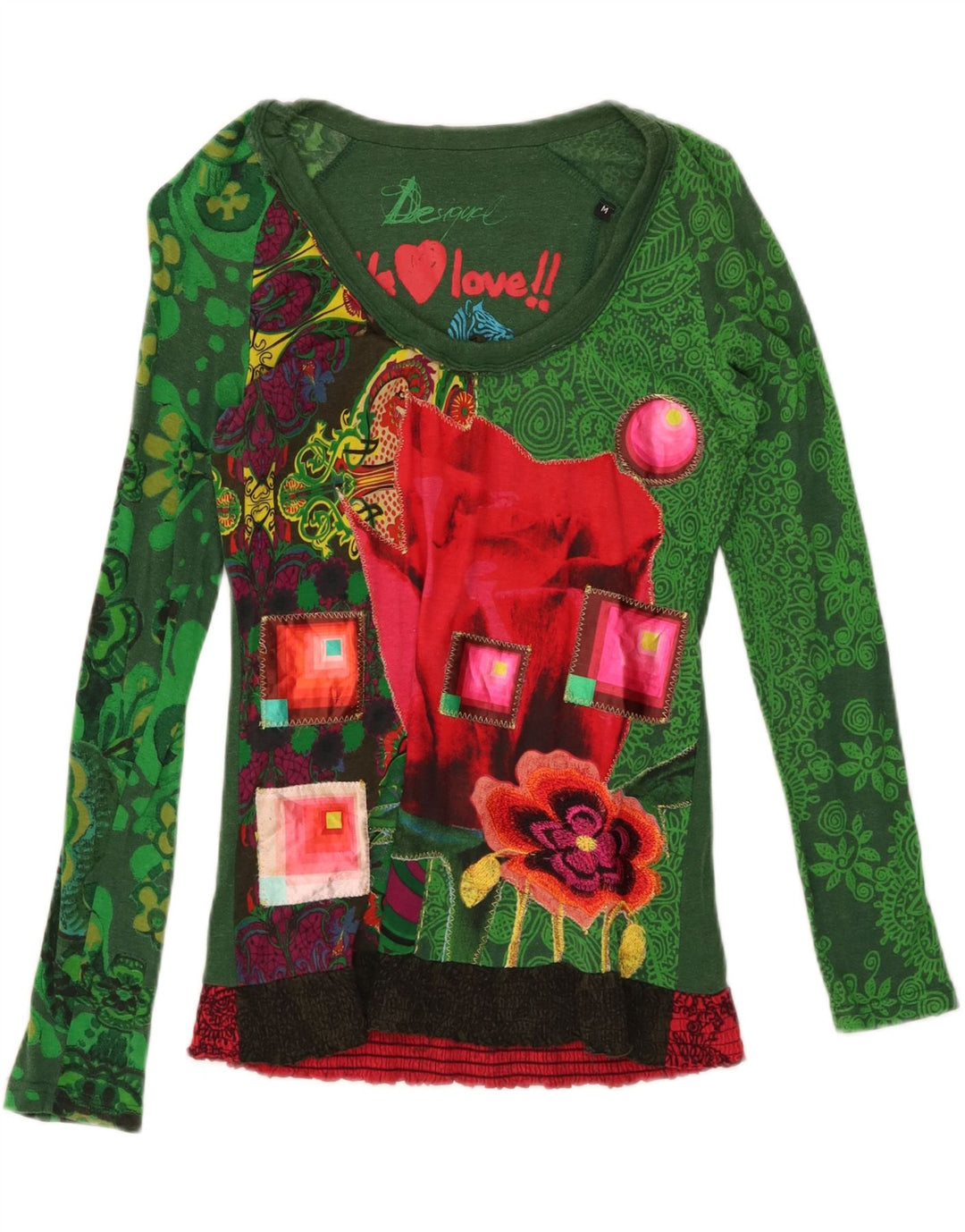 Женский топ с рисунком Desigual, длинный рукав, Великобритания 14, средний зеленый хлопок, хлопок