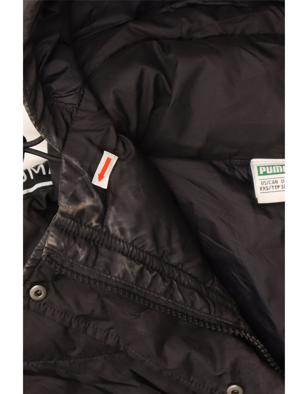 PUMA Womens Graphic Hooded Padded Jacket UK 6 XS Black Polyester Vintage Puma and Second-Hand Puma from Messina Hembry 