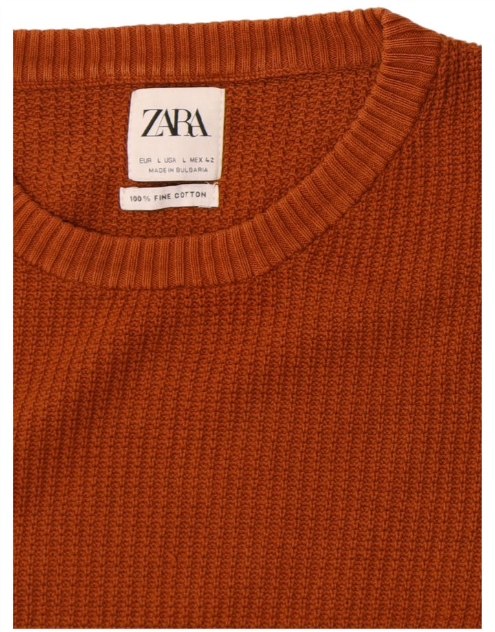 Мужской джемпер с круглым вырезом Zara, большой коричневый хлопковый свитер