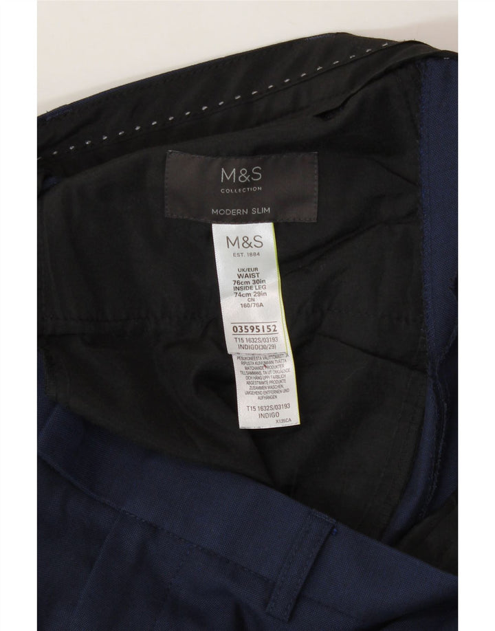 MARKS & SPENCER Mens Modern Slim Suit Trousers W30 L29 Navy Blue Polyester Vintage Marks & Spencer and Second-Hand Marks & Spencer from Messina Hembry 