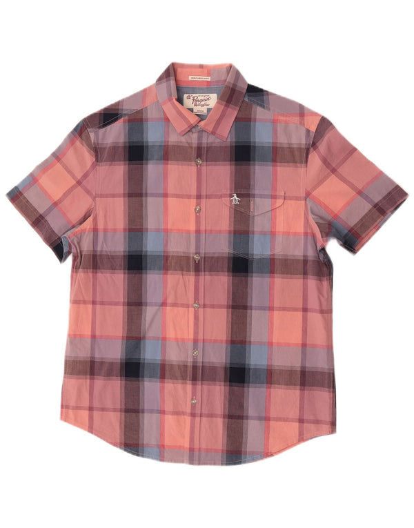 Penguin Mens Heritage Fit Short Sleeve Slim Fit Shirt Medium Pink Check