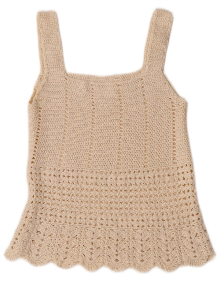 ВИНТАЖНЫЙ женский укороченный топ на бретельках UK 4 XS Off White