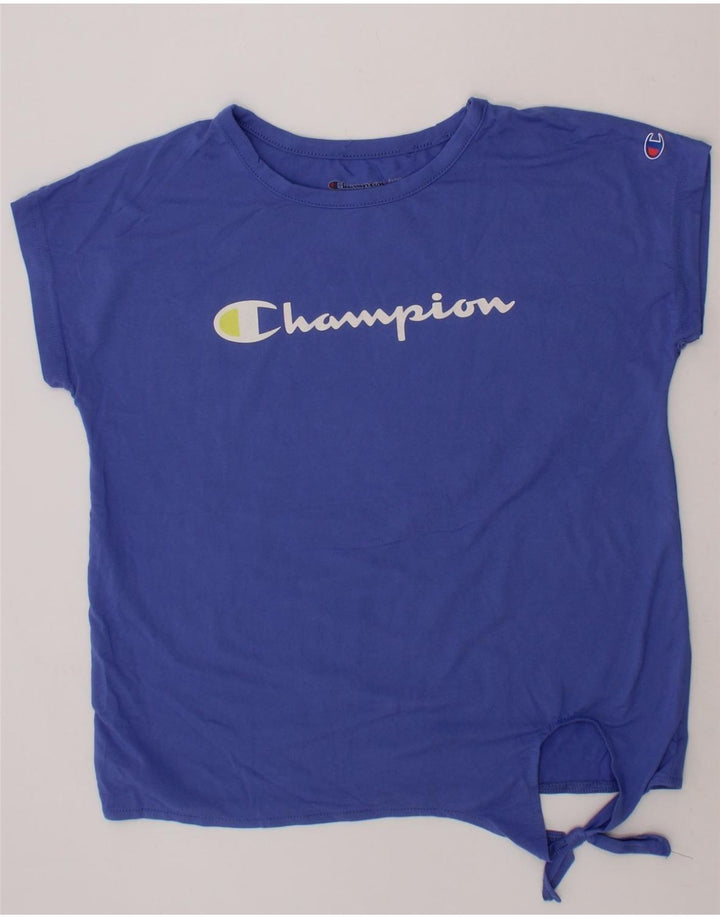 CHAMPION Girls Front Tie Graphic T-Shirt Top 7-8 Years Blue Polyester Vintage Champion and Second-Hand Champion from Messina Hembry 