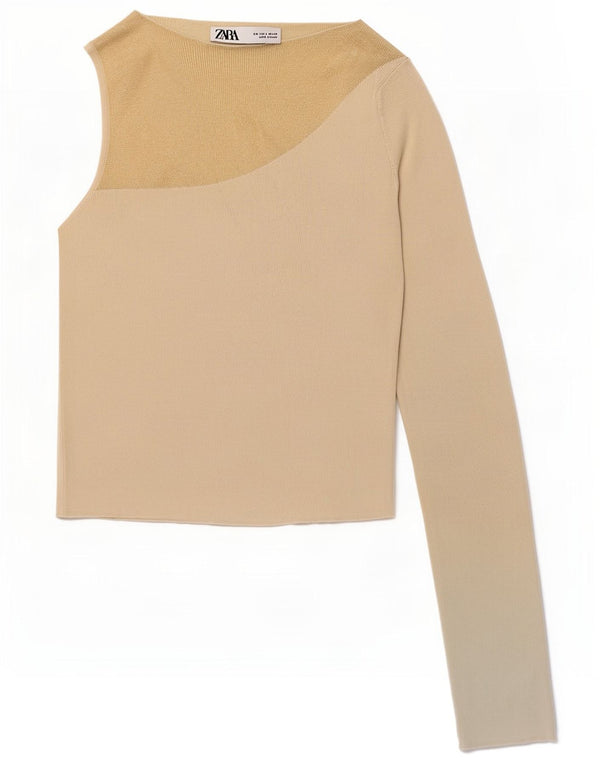 Zara Womens Crop One Shoulder Top UK 8 Small Beige Colourblock