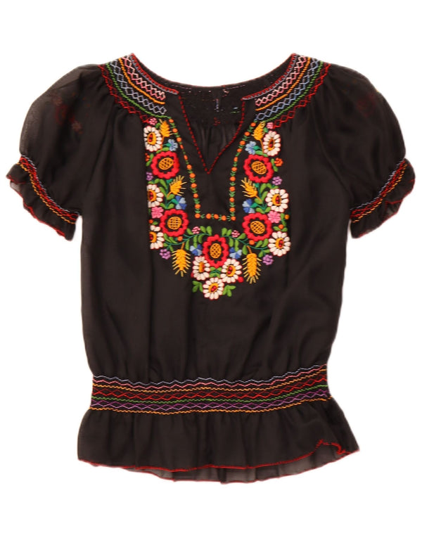 ВИНТАЖНАЯ женская прозрачная блузка-топ UK 16, большой черный цветочный принт