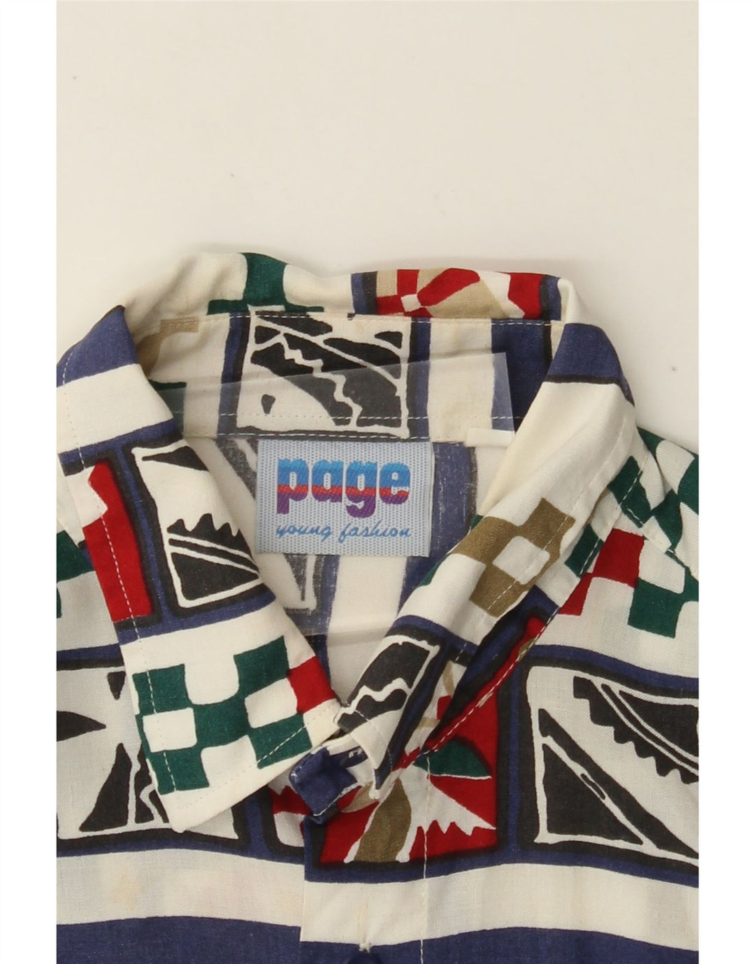 VINTAGE Мужская рубашка с коротким рукавом, маленькая белая с геометрическим узором