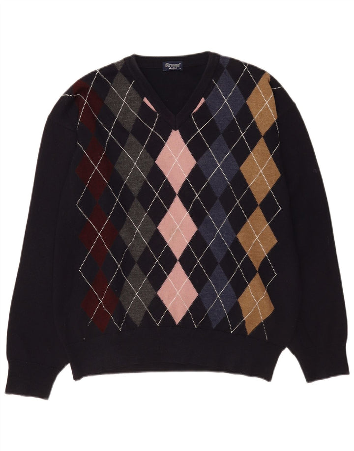 Винтажный мужской джемпер с v-образным вырезом, средний темно-синий свитер с узором аргайл/ромб из шерсти