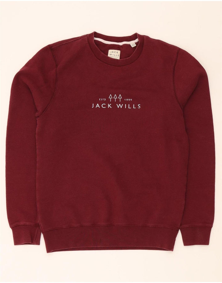 JACK WILLS Mens Graphic Sweatshirt Jumper Small Burgundy Cotton Vintage Jack Wills and Second-Hand Jack Wills from Messina Hembry 