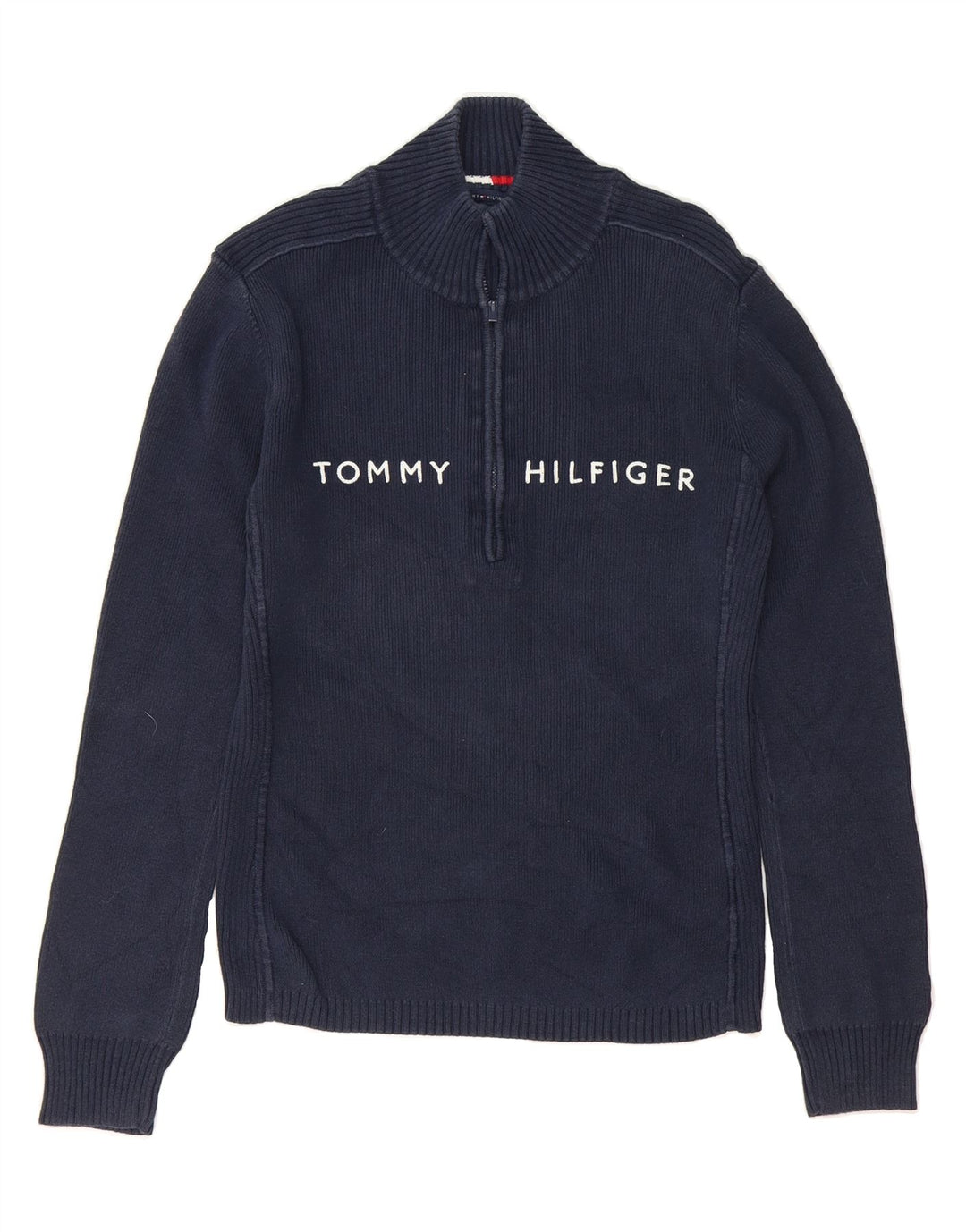 TOMMY HILFIGER Womens Zip Neck Jumper Sweater UK 14 Medium Navy Blue Vintage Tommy Hilfiger and Second-Hand Tommy Hilfiger from Messina Hembry 