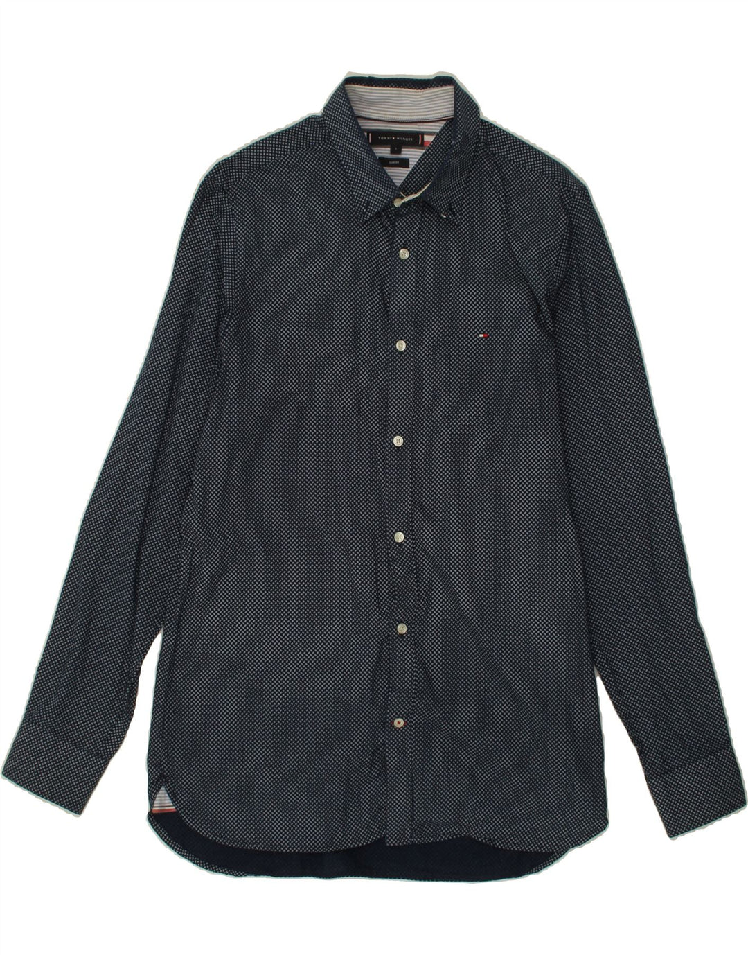 TOMMY HILFIGER Mens Slim Shirt Large Navy Blue Spotted Vintage Tommy Hilfiger and Second-Hand Tommy Hilfiger from Messina Hembry 