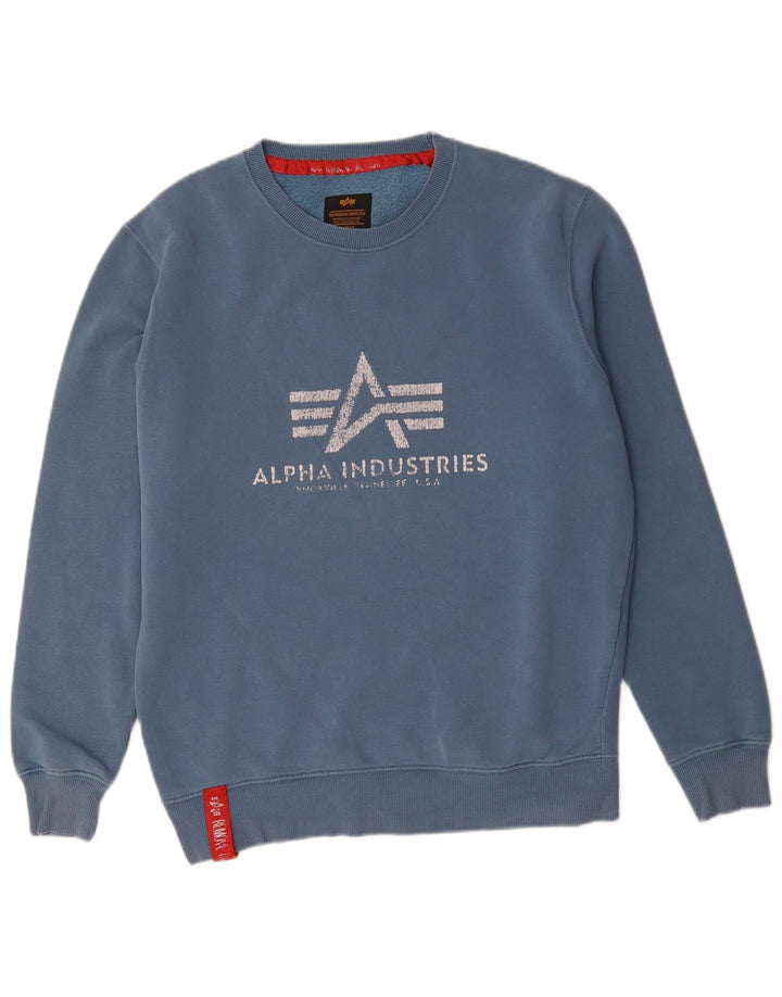 Мужской свитшот с рисунком Alpha Industries, хлопковый джемпер среднего синего цвета