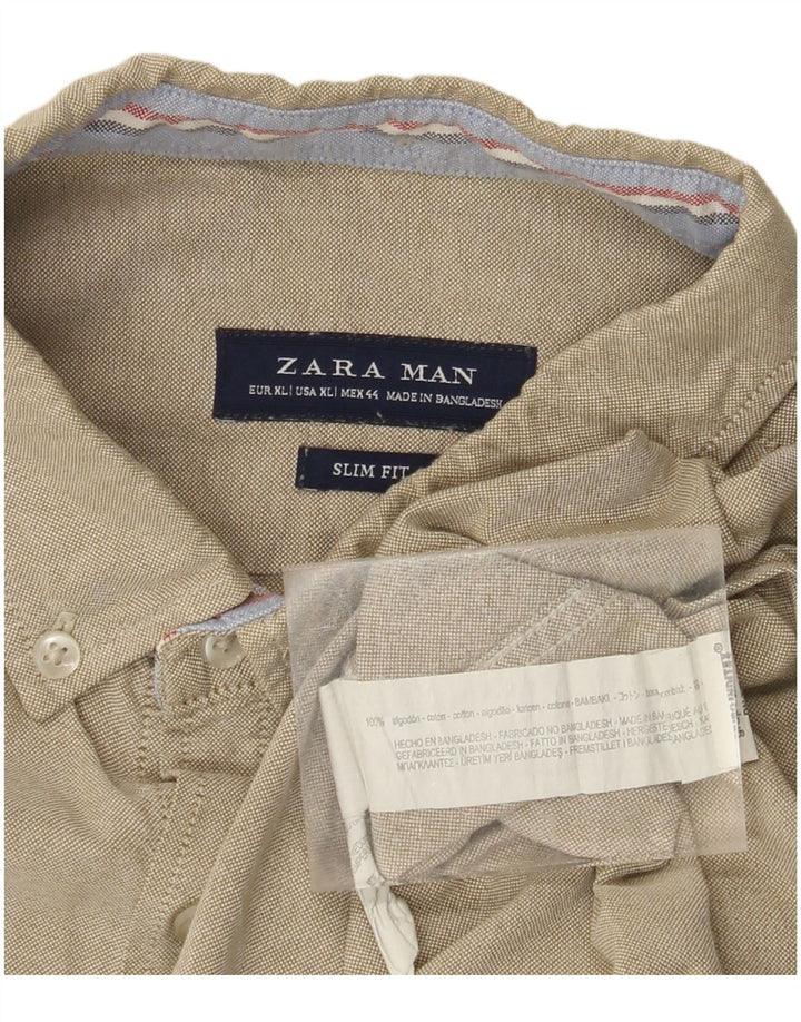 ZARA Mens Slim Fit Shirt XL Khaki Cotton