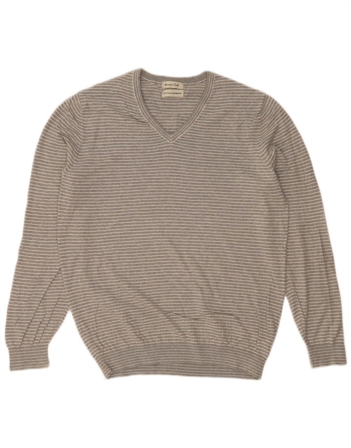 Мужской джемпер с v-образным вырезом MASSIMO DUTTI, хлопковый свитер в большую серую полоску