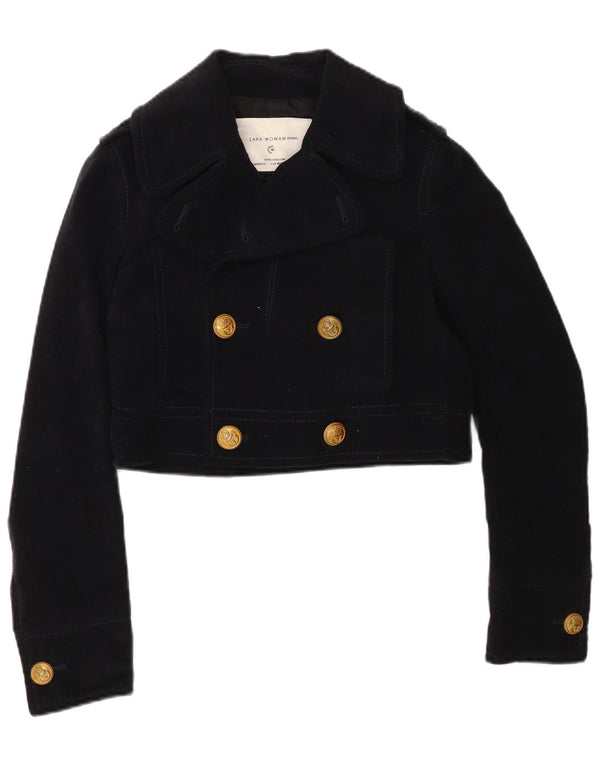Zara Womens Crop Double Breasted Bomber Jacket UK 6 XS Navy Blue Cotton