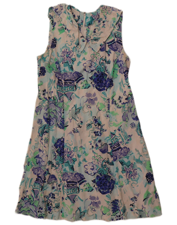 Винтажное женское платье А-силуэта без рукавов, Великобритания 12, средний цвет с белым цветочным принтом