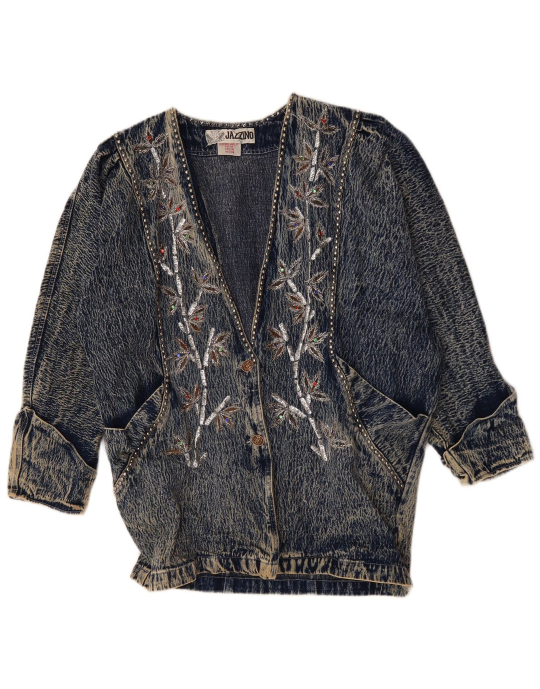 JAZZINO Женская джинсовая куртка оверсайз с рукавом 3/4, Великобритания 18 XL, синяя с цветочным принтом