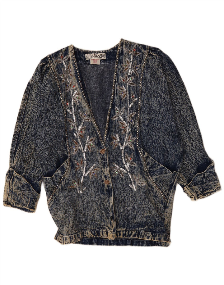 JAZZINO Женская джинсовая куртка оверсайз с рукавом 3/4, Великобритания 18 XL, синяя с цветочным принтом