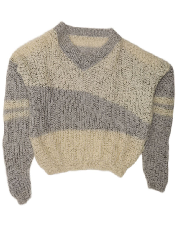 ВИНТАЖНЫЙ женский джемпер с v-образным вырезом UK 20 2XL Off White Color Block